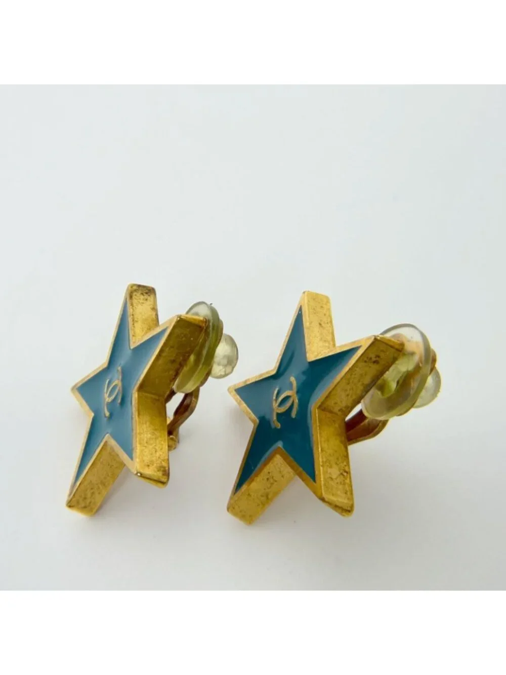 Chanel CC Logo Star Earrings Plated Turquoise Blue Gold Vintage